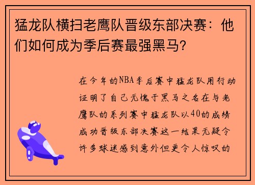 猛龙队横扫老鹰队晋级东部决赛：他们如何成为季后赛最强黑马？